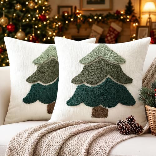 Artscope Chenille Christmas Tree Throw Pillow Covers 20x20 Set of 2-Green by Artscope