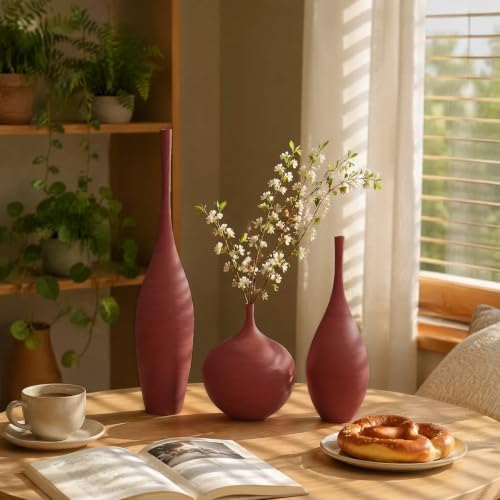 Ceramic Vases Set of 3, Modern Boho Vases for Centerpiece Decor, Matte Burgundy Minimalist Decorative Vases for Home Decor, Living Room, Bookshelf, and Entryway Table Decor - Image 4