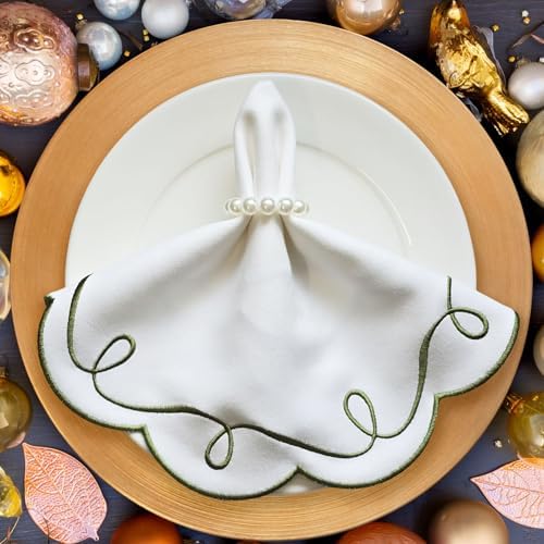 16.5 Inch Ribbon Twirl Embroidery Round Placemats Set of 4, Scalloped Round Table Mats for Party Kitchen Dining Decoration, Green - Image 5
