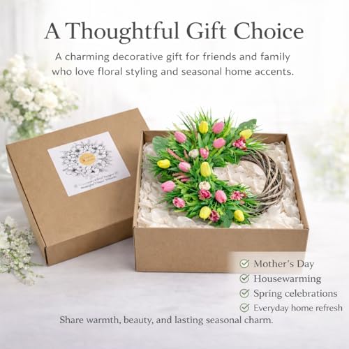 Spring Summer Wreath for Front Door, 24 Inch Artificial Tulip Wreath with Pink Yellow Lavender and Eucalyptus Greenery for Indoor Outdoor Home Farmhouse Wall Decor - Image 5