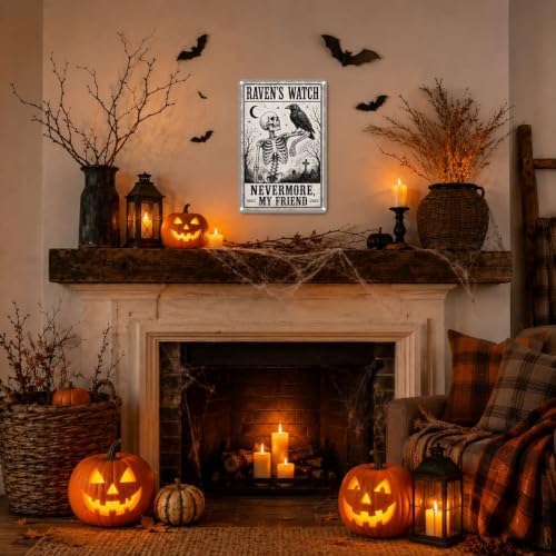 Vintage Metal Tin Sign Halloween Skeleton Raven Graveyard Gothic Wall Art for Home Bar 8×12 Inches with Metal Frame - Image 5