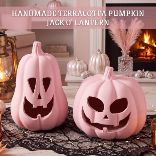Tioncy Halloween Decor Terracotta Jack O Lantern Pumpkin Decor,Pink - Image 4