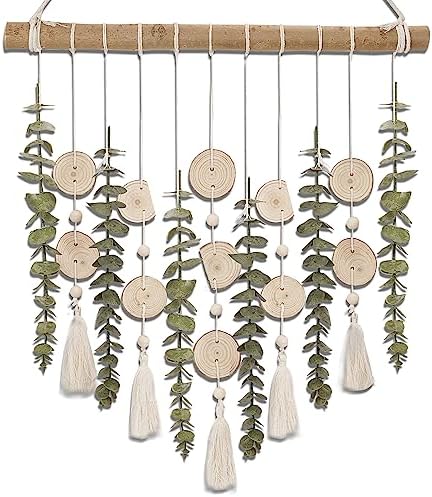 Boho Wall Decor Artificial Eucalyptus Bathroom Decor Fake Eucalyptus Plants Greenery Leaves with Wooden Bead Garland on Stick Rustic Farmhouse Home Decorations for Bedroom Living room Nursery Kitchen by Cyitimo