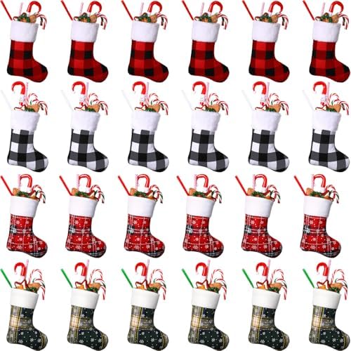 Honoson 48 Pieces 7 Inch Christmas Stockings Bulk Mini Buffalo Plaid Stocking Classic Stocking Red and Green Plaid Design Small Christmas Stockings Rustic Socks for Xmas Holiday Decorations by Honoson