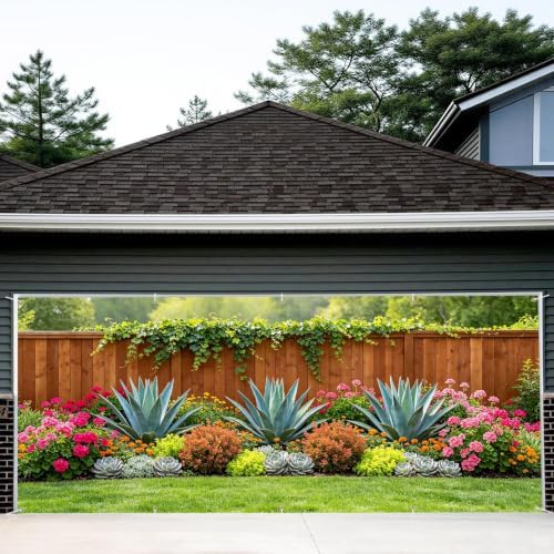 7x16FT Topical Leaves Flowers Garden Garage Door Banner Flower Fence Garden Garage Door Cover Decoration for Summer Garage Decoration by FOREVERQUEEN