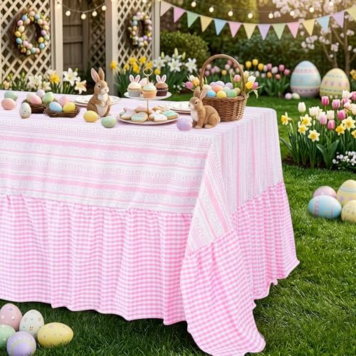 Easter Tablecloth Pink Rabbit Ruffle Table Cloth - 90 x 132 Inch Waterproof Tablecloths Rectangle Washable Polyester Bunny Flowers Table Cover for Birthday Wedding Dinner Picnic Party Decoration - Image 4