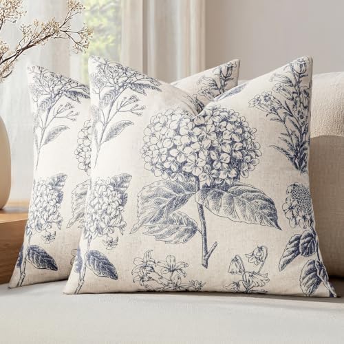 Set of 2 Decorative Floral Pillow Covers 22x22 Inch Navy Blue by SWANCOCO