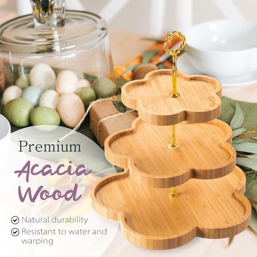 Hammont 3 Tiered Tray Stand - Acacia Wood Serving Tray - Cupcake Stand | Food Board | Dessert Cake Platters - Set of 3 Rustic Boards (Flower) - Image 3