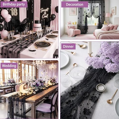 6 Pcs 29x120'' Pearl Tulle Table Runner 10ft Wedding Tablecloth, Black - Image 6