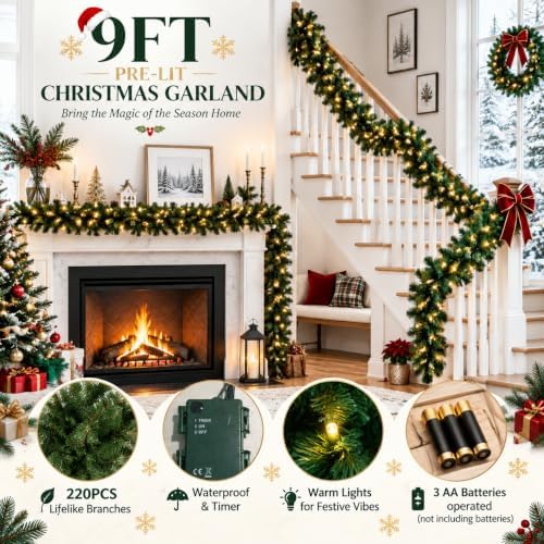 9FT Christmas Garland with Lights, Prelit Lighted Christmas Decorations for Mantle Fireplace Table Stairs,Green Garland Winter Indoor Outdoor Vintage Xmas Home Door Holiday Decor - Image 2