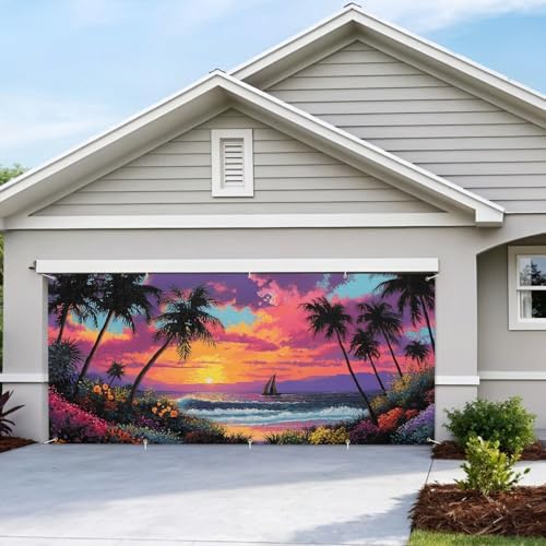 7 * 16FT Summer Sunset Garage Door Cover Decorations Sunset Palm Trees Garage Door Banner for Outdoor Indoor Summer Party Photography Backdrop - Image 7