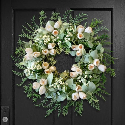 20" White Tulip Wreath for Front Door Spring Summer Easter Décor by Montekin