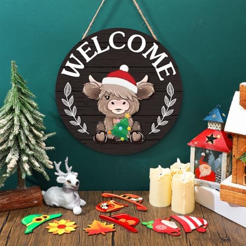 Vicenpal 35 Pcs Fall Interchangeable Highland Cow Welcome Sign Highland Cow Seasonal Wooden Hanging Door Decor Autumn Farmhouse Hanging Sign for Halloween Party Decor(Black) - Image 2