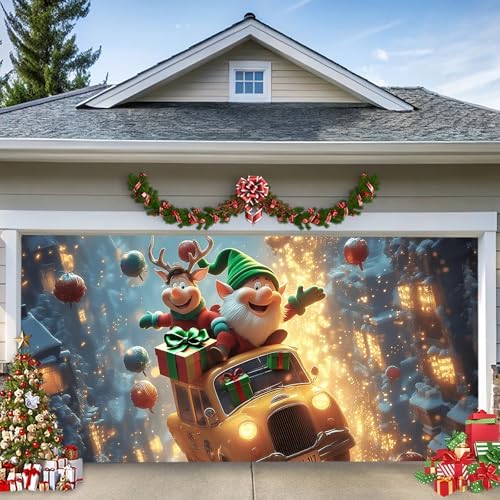 Christmas Garage Door Banner – Flying Elf & Reindeer in Festive Taxi with Gifts, UV Light-Responsive Yellow Glow, Large Outdoor Holiday Mural for Porch & Living Room,16 x 7ft/4.8 x 2.1m by TTCHANG
