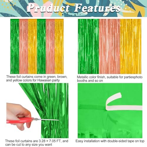 ZATAYE 12 Pack Green Brown Yellow Hawaiian Luau Foil Curtain Decorations - Image 4