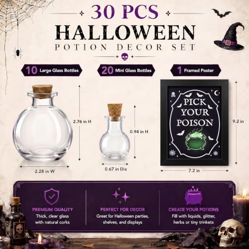 Suclain 30 Pcs Halloween Decoration Indoor, Glass Potion Bottles Set - Image 3