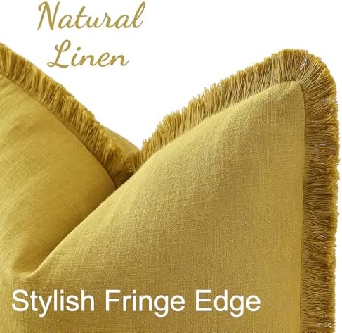 decorUhome Linen Fringe Mustard Yellow Throw Pillow Covers 20x20 Set of 2 - Image 2