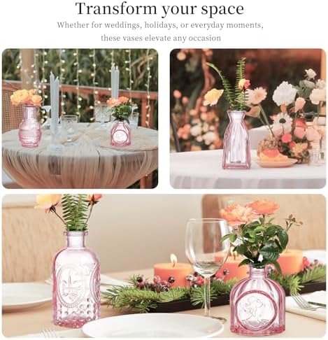 Glass Bud Vases Set of 16 - Pink Assorted Small Mini Glass Vases for Flowers, Crystal Vintage Vase Set, Bulk Centerpieces for Table Décor, Wedding, Home and Events (Pink, 16 Pcs) - Image 3
