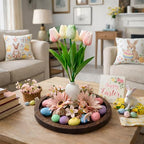 Easter Table Centerpiece with Ceramic Vase and Wood Tray, Easter Egg Table Decor and Pastel Wreath for Dining Room Table,Easter Table Artificial Flower Tulip Decor and Spring Decor (Ceramic Vase) - Image 6
