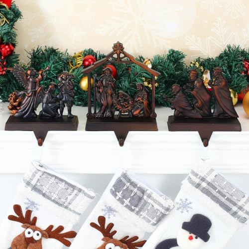 Christmas Stocking Holder Set of 3 Metal Nativity Stockings Hanger Hook Mantle or Fireplace Decor Vintage Decorations Nativity Christmas Stocking Fireplace Holders for Mantle(Nativity,3) - Image 3