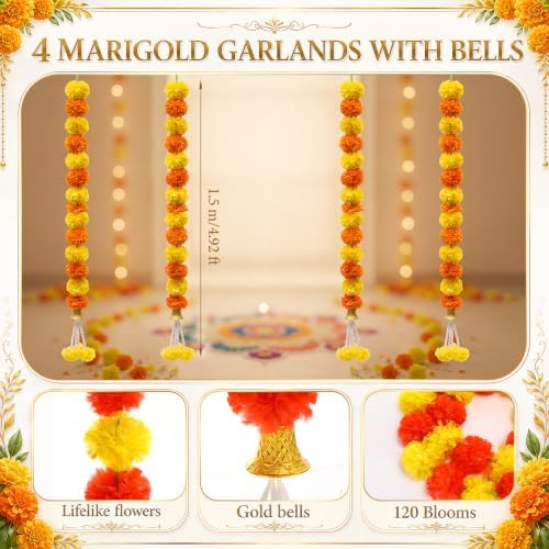 Gerrii Diwali Decorations 4 Pcs 5' Marigold Garland with 11.5' String Light - Image 2