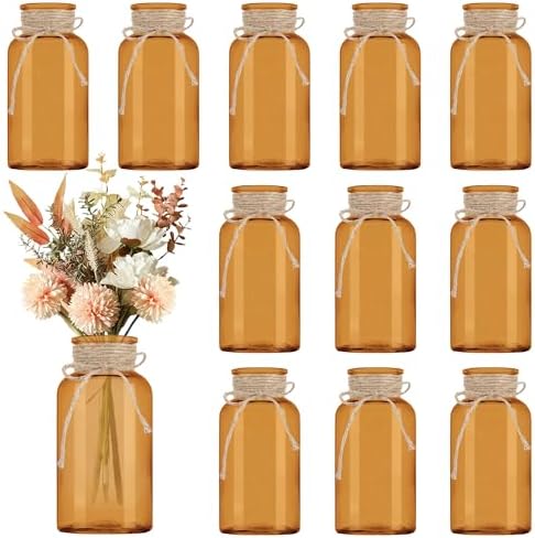 12 Pack Mason Jar Vases for Centerpieces, Amber Glass Flower Vase by LEYIQU