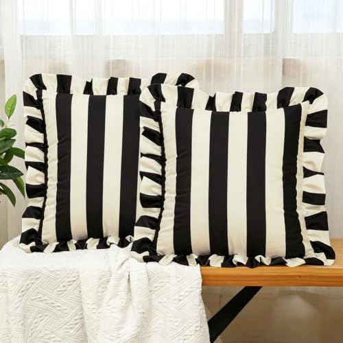 vctops Ruffle Square Throw Pillow Covers Boho Pink and Red Striped Decorative Pillowcases Set of 2, Soft Velvet Accent Cushion Cover Cases for Sofa Bed Living Room Decor (Black Beige,18"x18") by vctops