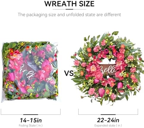 Spring Wreaths for Front Door 24 Inch with Hello Sign,Artificial Summer Wreath with Pink Peony and Orchid,Indoor and Outdoor Wreath for Farmhouse Wall Home Porch Decor - Image 5