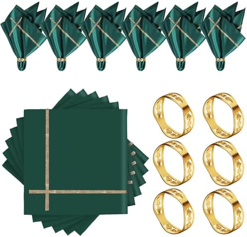 VIJIV 12 Pack Bling Satin Cloth Napkins & Gold Napkin Rings Set of 6 Green by VIJIV