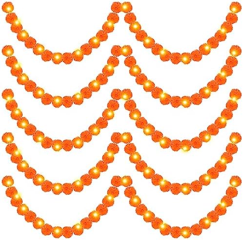 Karenhi 10 Pcs 50 Feet Diwali Marigold Garland with LED Light, Indian Artificial Marigold Flower Garland for Wedding Backdrop Christmas Mantel Dia de Los Muertos Festival Event Decor(Dark Orange) - Image 6