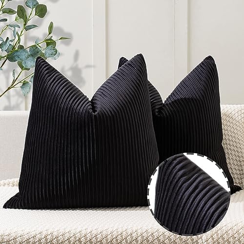 YCOLL Black Pillow Covers 26x26 Set of 2 Velvet Striped Pattern - Soft Throw Pillows for Home Decor, Luxury Decorative Pillow Covers for Couch, Bed,Living Room by PillowCoversExpert