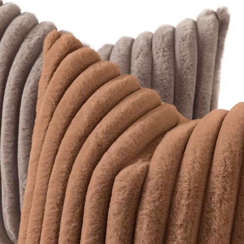 decorUhome Fall Faux Fur Throw Pillow Covers 26x26 Set of 2 Brown - Image 2