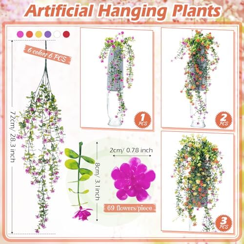 Hotop 6 Pcs Artificial Hanging Plants Ivy Vine with Flowers, Mixed Colors - Image 2