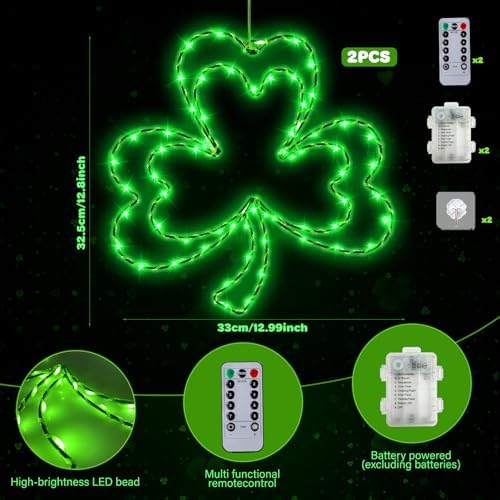 2 Pcs Light Up Shamrock for Window, 13'' Shamrocks Windows Lights St Patricks Day Window Decor Shamrock Lights Battery Operated with Timer & 8 Modes, Clover Decor Green Light for St Patricks - Image 2