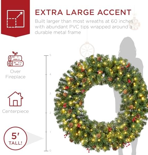 Best Choice Products 60in Pre-Lit Christmas Wreath w/Berries & Pinecones, Large Artificial Indoor/Outdoor Decor for Door, Mantel, Plug-in - Image 3