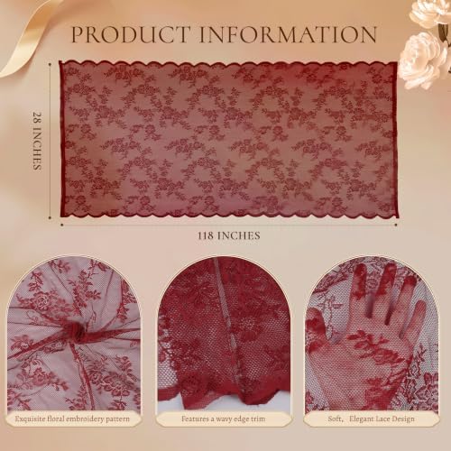 Burgundy Lace Table Runner with Floral Embroidered (3pcs, 28”x118”) - Image 5