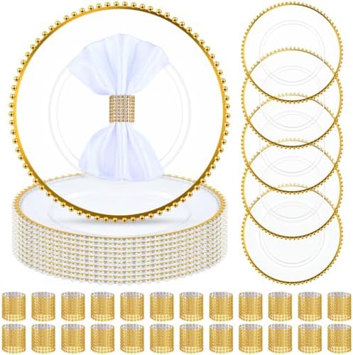 Uiifan 50 Sets Clear Gold Charger Plates Bulk with Napkin Rings Set 13 in Beaded Plastic Charger Plates Hollow Napkin Rings Round Dinner Plate for Wedding Party Table Setting Event Decoration by Uiifan