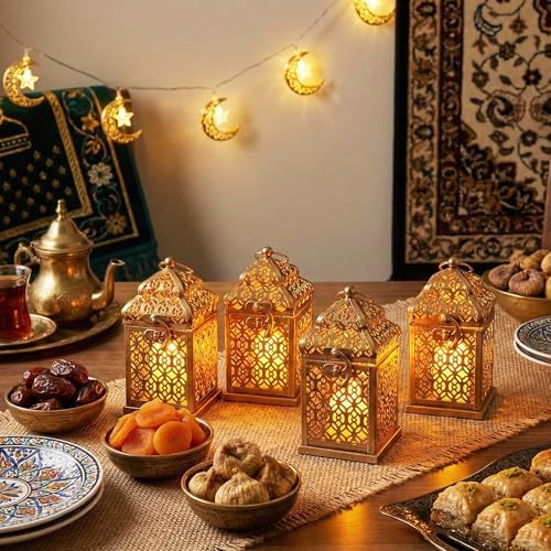 VELA LANTERNS Mini Golden Tower Temple Moroccan Lantern Lamp Decorative Candle Holders for Ramadan Decorations, Hanging, Outdoor Patio or Porch, Indoor Home Decor, Gold, Set of 4 - Image 4