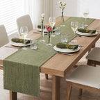 KINGSTONE 14 x 108 Inches Frayed Edge Table Runner, 270G Heavyweight Sand Washed Slub Texture Cotton Linen for Modern Farmhouse, Rustic Home Decorations Dining Room Wedding Boho Decor, Moss Green - Image 3