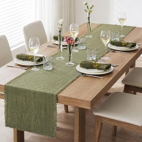 KINGSTONE 14 x 108 Inches Frayed Edge Table Runner, 270G Heavyweight Sand Washed Slub Texture Cotton Linen for Modern Farmhouse, Rustic Home Decorations Dining Room Wedding Boho Decor, Moss Green - Image 3