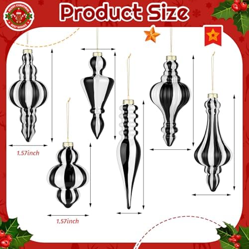 Soaoo 6 Pcs 6.3 in Black and White Mercury Glass Finial Christmas Ornaments - Image 2