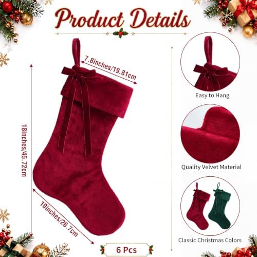 Leumoi 18 Inch Velvet Christmas Stockings Set of 6 Classic Farmhouse Mantel - Image 3