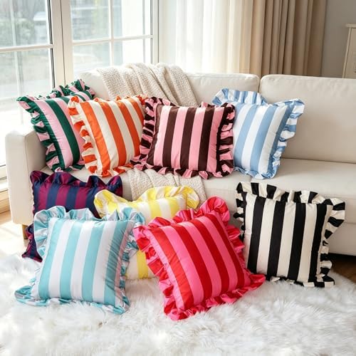 vctops Ruffle Square Throw Pillow Covers Boho Pink and Red Striped Decorative Pillowcases Set of 2, Soft Velvet Accent Cushion Cover Cases for Sofa Bed Living Room Decor (Blue White,18"x18") - Image 7
