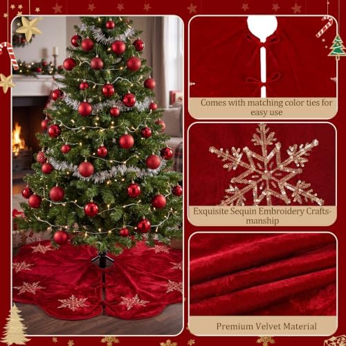 Hollowfly Red Velvet Christmas Tree Skirt with Sequin Snowflake 48'' - Image 3