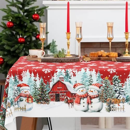 Rectangle Christmas Tablecloth 60x102 Inch, Farmhouse Red Snowman Snowflake Christmas Table Cloth, Polyester Waterproof Wrinkle Resistant Xmas Tables Cover for Holidays Kitchen Dinning Home Decor by Unknown