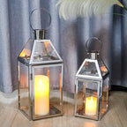 TRIROCKS Set of 2 Stainless Steel Decorative Lanterns 13"&10" H Metal Candle Holders with Tempered Glass for Home Decor Living Room Parties Events Tabletop Indoors Outdoors(Silver) - Image 4