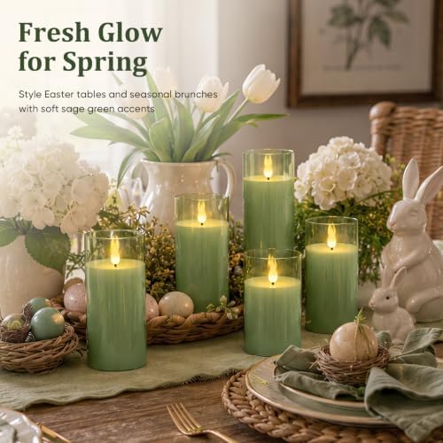 Homemory Sage Green Flameless Candles, Acrylic LED Pillar Candles with Remote Timer, Set of 9 - Image 5