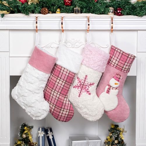 GEXWORLDWIDE GEX Pink Plush Christmas Stockings for Family 20" Large Pink Plaid Xmas Stockings Classic Fireplace Decorations Hanging Ornament (4 Pack) by GEXWorldwide