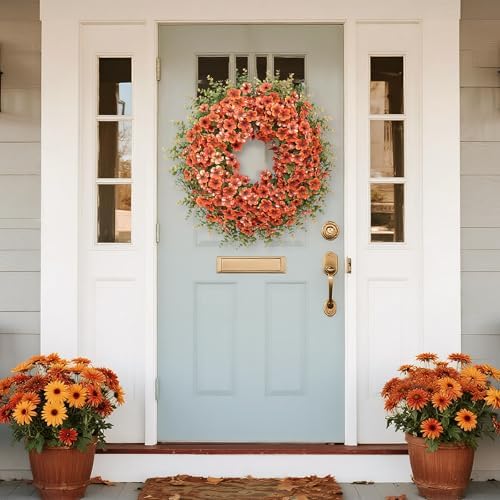 26" Large Artificial Silk Flower Eucalyptus Wreath for Outdoor(Fall Orange) - Image 2