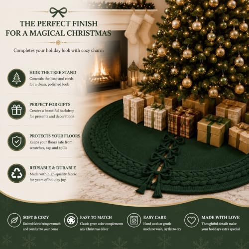 Hollowfly 48 Inch Green Christmas Tree Skirt for 7.5ft Tree Cable Knitted - Image 5